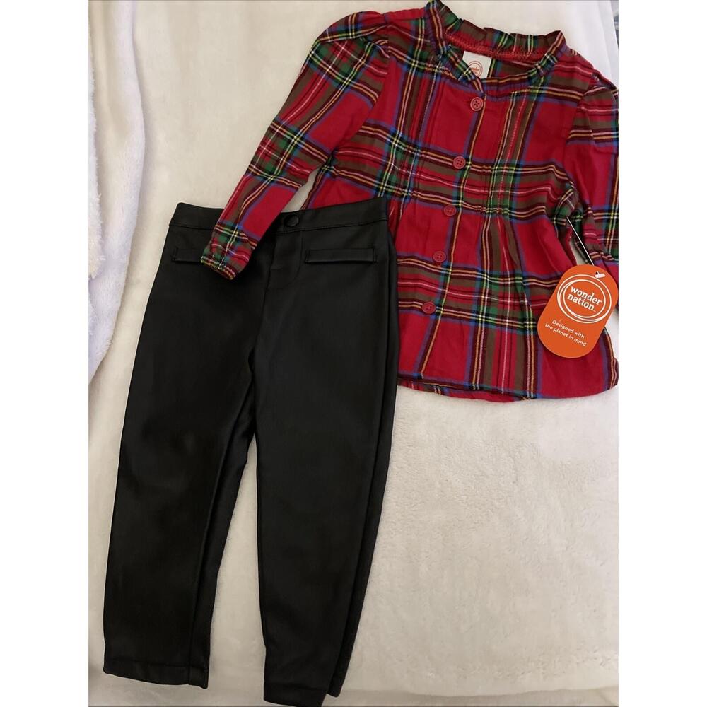 Wonder Nation 18 Months Red Plaid Flannel Shirt  Black Faux Leather Pants